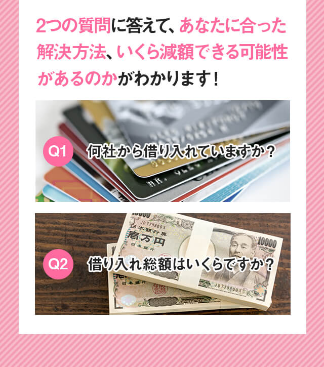 2つの質問に答えて、あなたに合った解決方法、いくら減額できる可能性があるかがわかります!